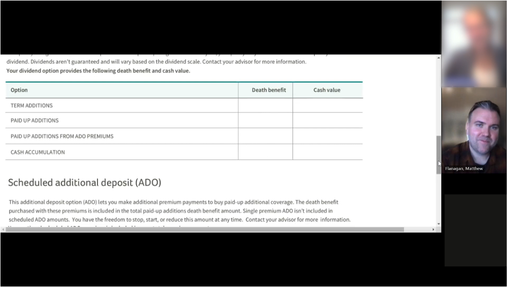 Screen share from a moderated interview showing dividend option tables