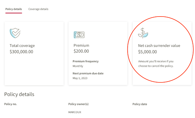 Policy details cards with net cash surrender value circled