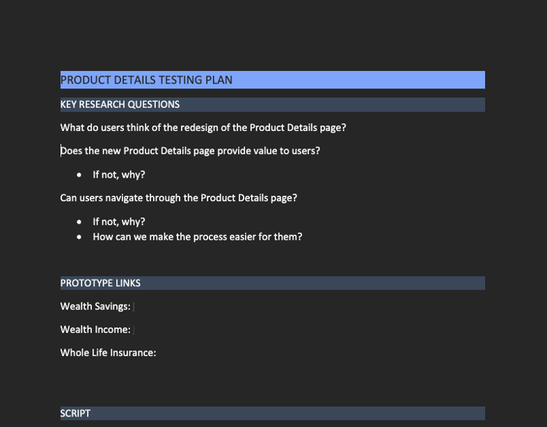 Product details testing plan document with key research questions